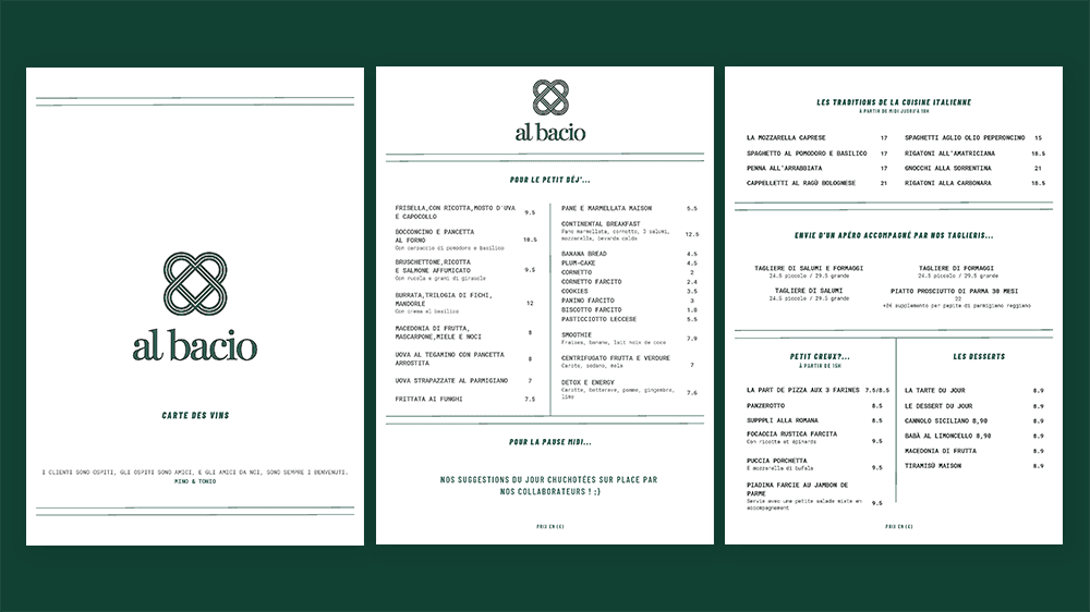 Al Bacio - Menu