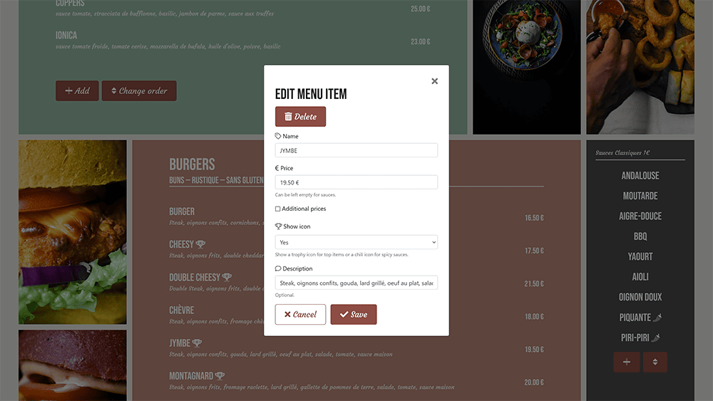 Coppers - Website - Edit menu